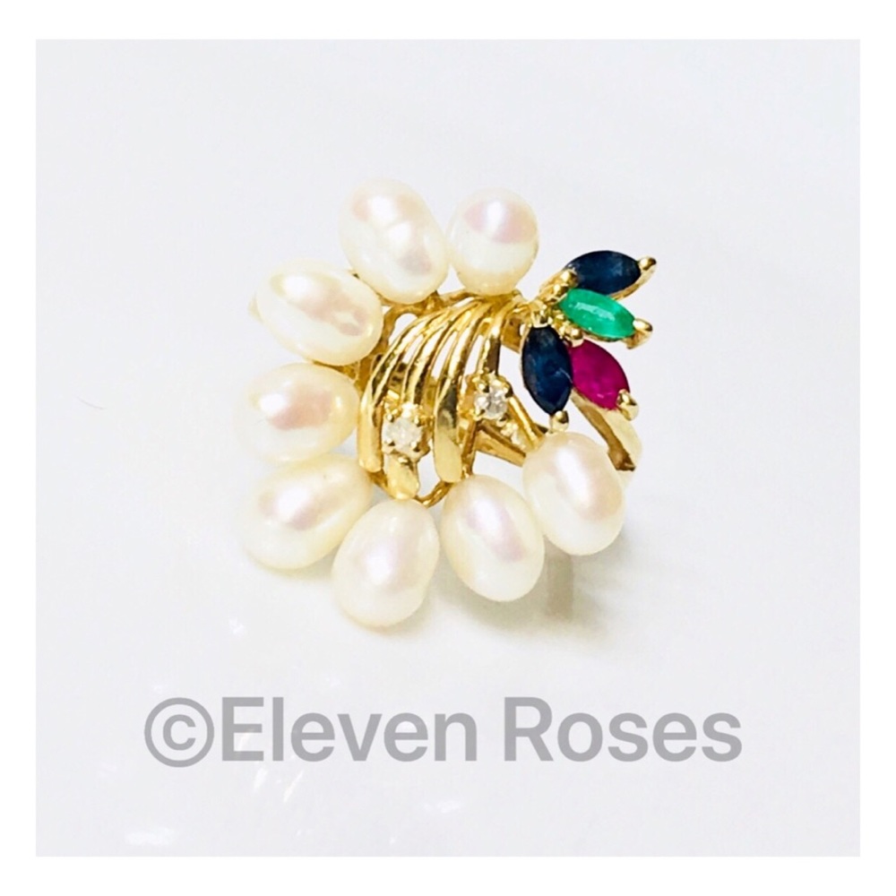 14k Gold Pearl Diamond Gemstone Cocktail Ring